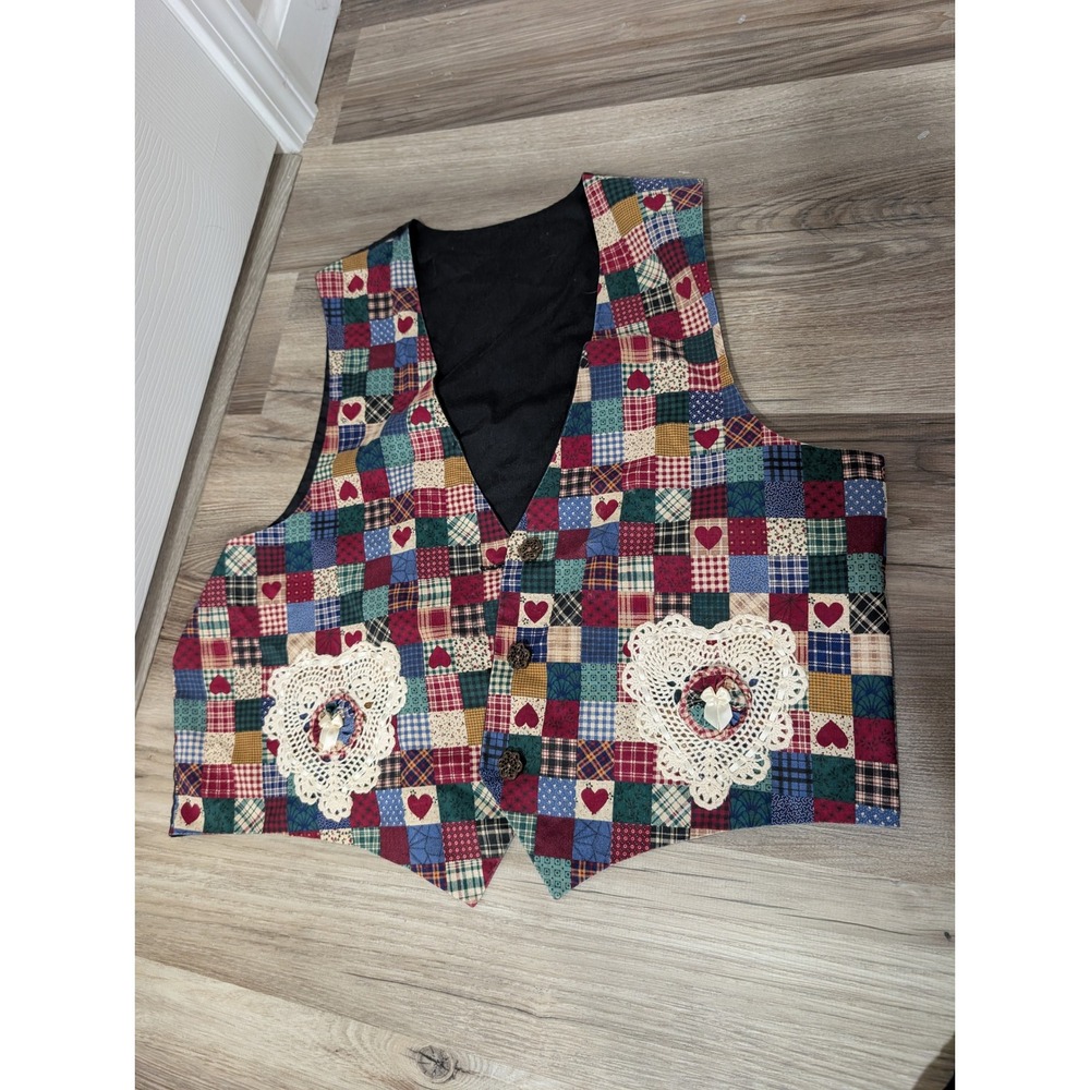 Handmade VTG, Patchwork Folk Art, Heart Crochet, Vest Women's M/L Country Boho